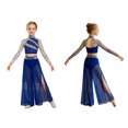 thumbnail image 5 of Doomiva Kids Girls Lyrical Dance Outfit  2 Piece Contemporary Dancewear Sparkly Crop Tops with Mesh Wide Leg Pants Blue 14, 5 of 7