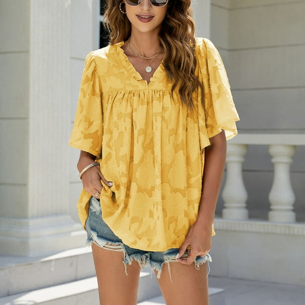Camisa De Manga Acampanada Con Cuello En V Blusa Jacquard Suave De Moda De Color Puro Elegante Con Volantes Para El Trabajo De La Vida Diaria. ANGGREK Otros Bodega Aurrera en