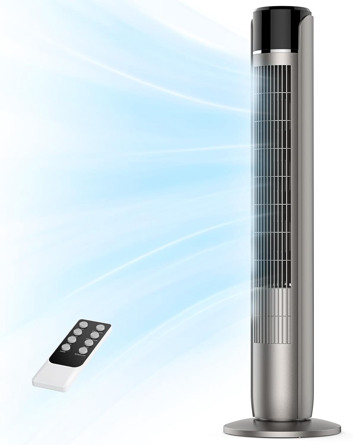 36" Bladeless Tower Fan - Ultra-Quiet 28dB for Bedroom Sleep 25 ft/s High Velocity Cooling w/ Remote 60° Wide Oscillation, 12H Timer, 5 Speeds, 4 Modes LED Display Standing Floor Fan - Grey