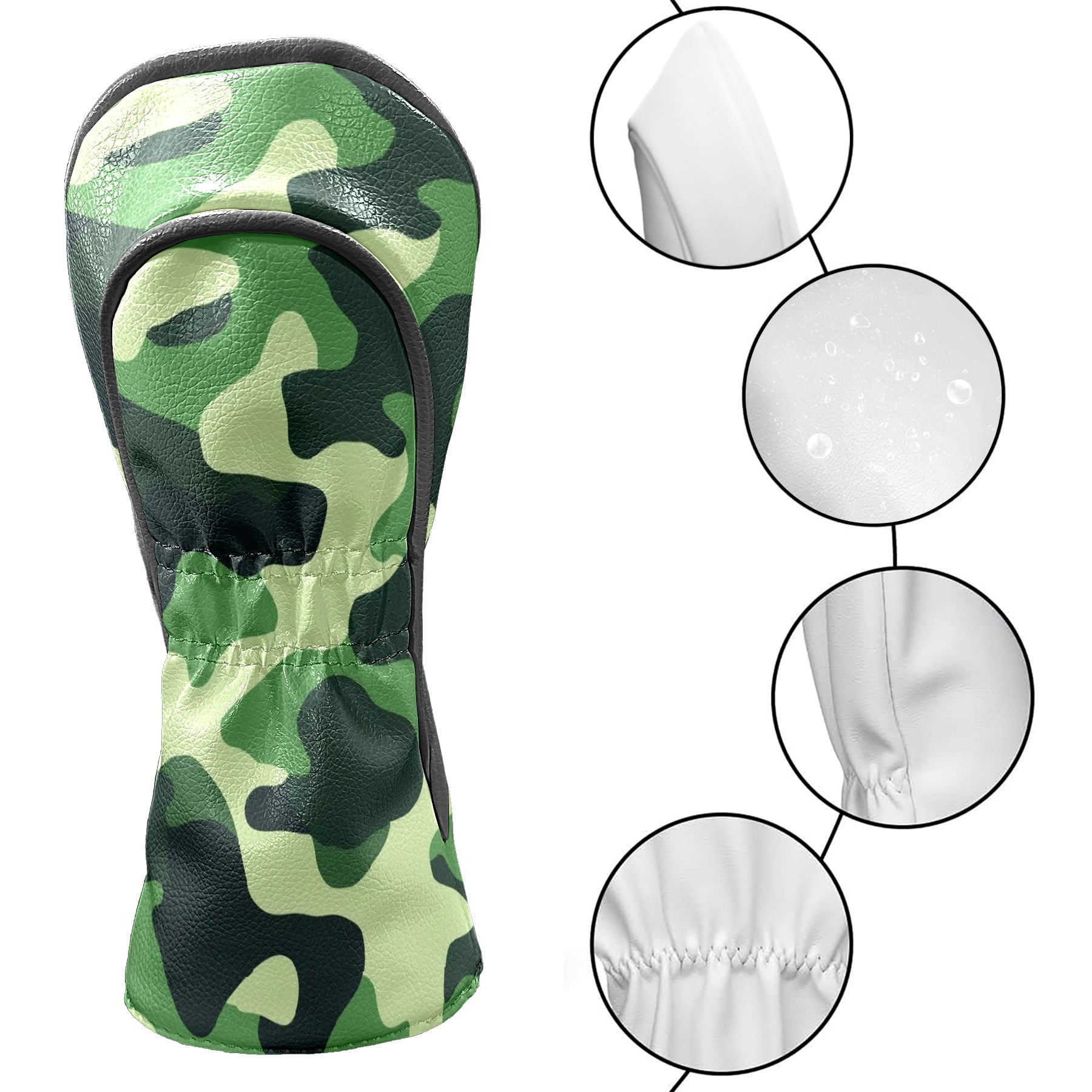 Golf Club Covers PU Leather Waterproof Head Covers for Fairway Woods Hybrids Green Camouflage Unisex Fits Most Brands