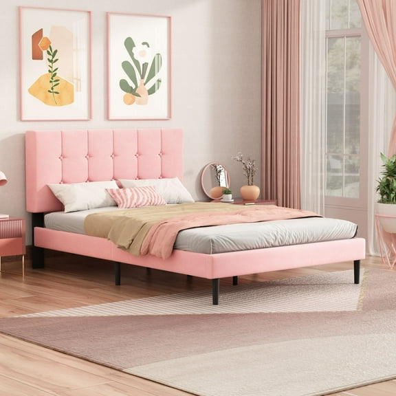 Unizone Full Platform Bed Frame with Upholstered Headboard, No Box Spring Needed, Pink, Velvet