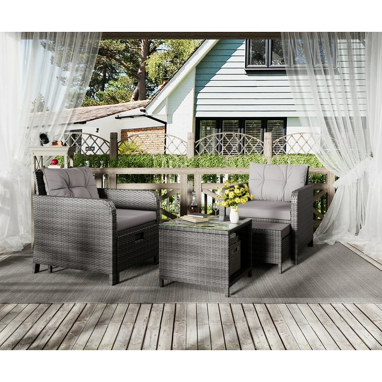 Bifanuo Balcony Furniture 5 Piece Patio Conversation Set PE Wicker Rattan Outdoor Lounge Chairs with Soft Cushions 2 Ottoman Glass Table for Porch
