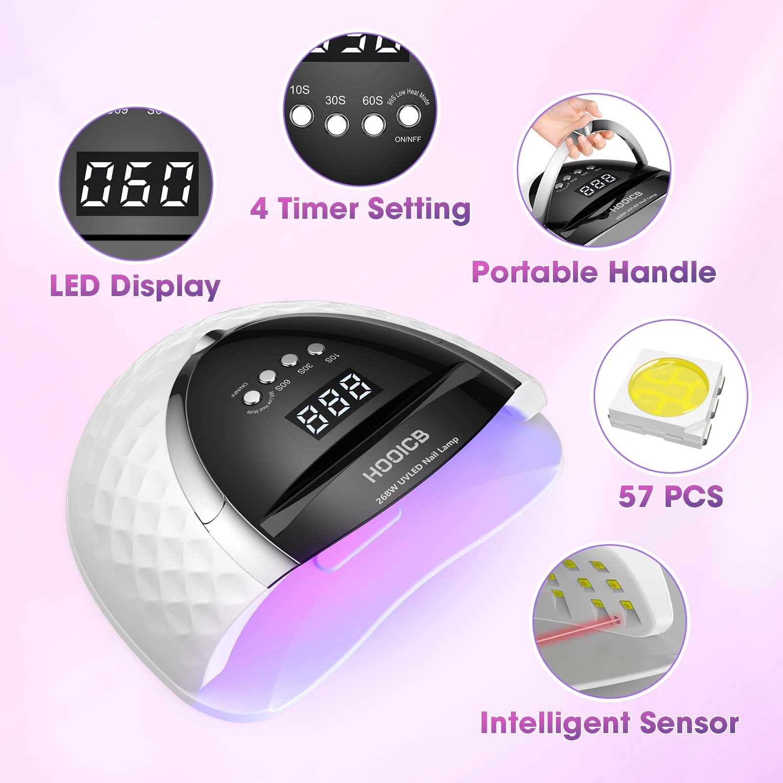 HOOICB UV LED Nail Lamp, 268W Nail Light for Gel Polish, Portable Handle, 4 Timers, 57 Lamp Beads and Automatic Sensor for Manicure Salon and Home