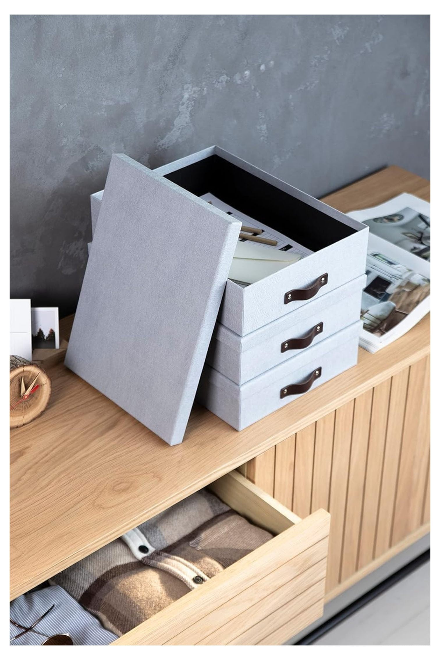 Bigso Oskar Canvas Fiberboard Document Letter Box - File Organizer Box for Important Paperwork - Document Storage with a Lid & Handle - 3.3 in x 10.2 in x 13.8 in - 3 Pack - Blue