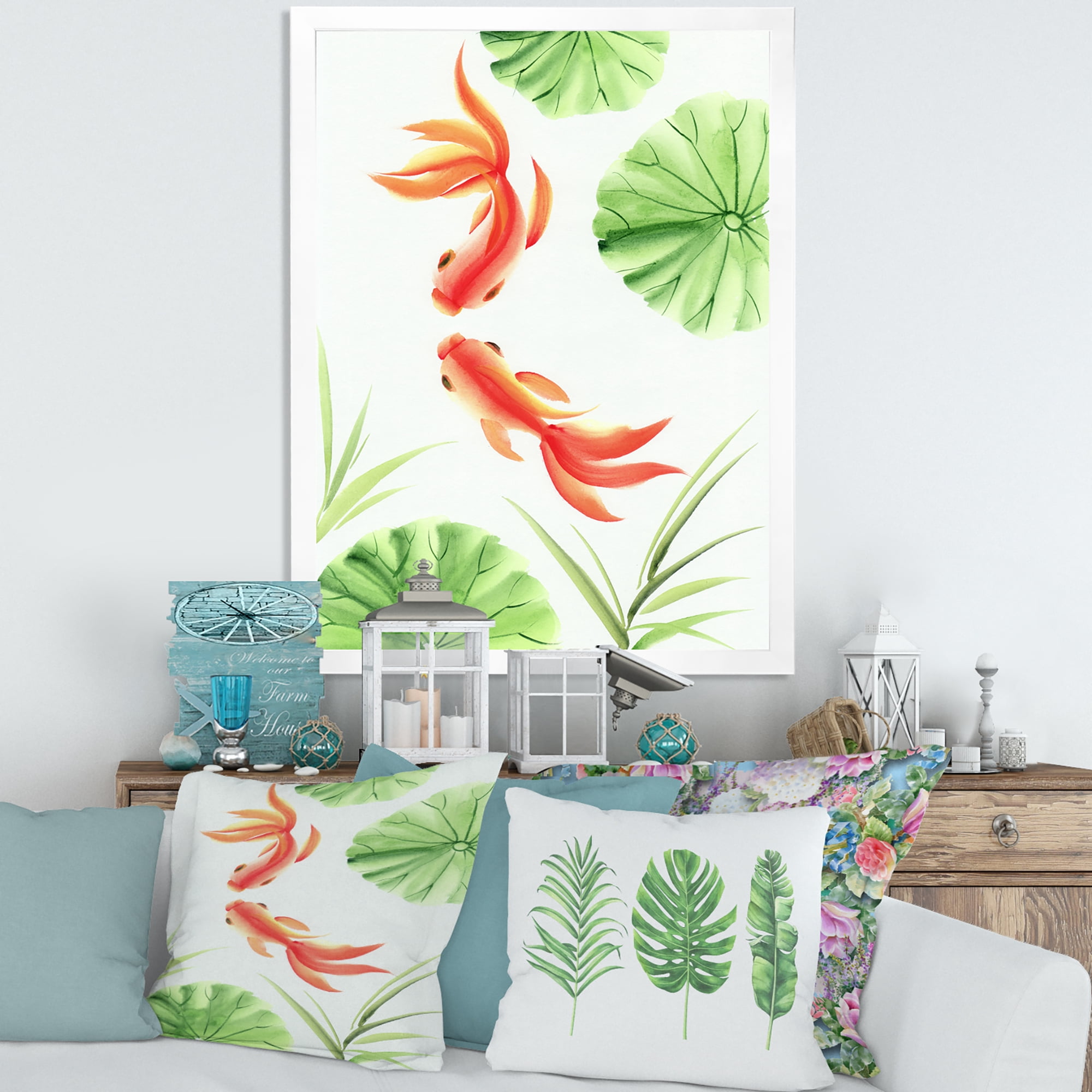 Designart 'The Lotus Leaves With Goldfishes' Nautical & Coastal Framed Art Print
