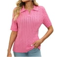 thumbnail image 2 of Women Short Sleeve Sweater Tops Summer V Neck Cable Knit Pullover Casual Lapel Shirts, 2 of 8