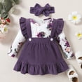 thumbnail image 2 of Kucnuzk Newborn Baby Girls Winter Clothes Sets 9-12 Months Skirt Set Outfits Ruffle Long Sleeves Romper Floral Top Suspender Skirts with Headband 3pcs Clothing Purple, 2 of 9