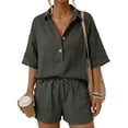 thumbnail image 5 of Cagogo Women's 2 Piece Shorts Set Casual Summer Cruise Outfits Drawstring Waist Shorts Loose Short Sleeve Collared Shirt Solid Boho Streetwear Matching Lounge Sets Travel Airport Clothes, Dark Gray S, 5 of 6