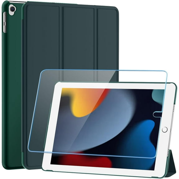 CACOCO-For 10.2 Inch Ipad 9Th Generation Case 2021, With [ Glass Screen Protector ]/ Ipad 8Th Generation Case 2020/ Ipad 7Th Generation Case 2019, Slim Stand Translucent Back Shell Cover, Dark Green