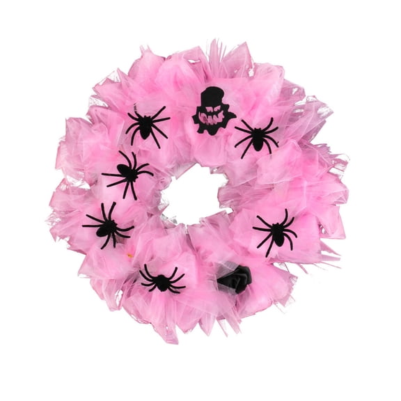 Halloween Door Wreath Pink Tulle Accent Spooky Halloween Decor for Front Door Porch Wall Outdoor Indoor Halloween Party Decoration 1 Pack