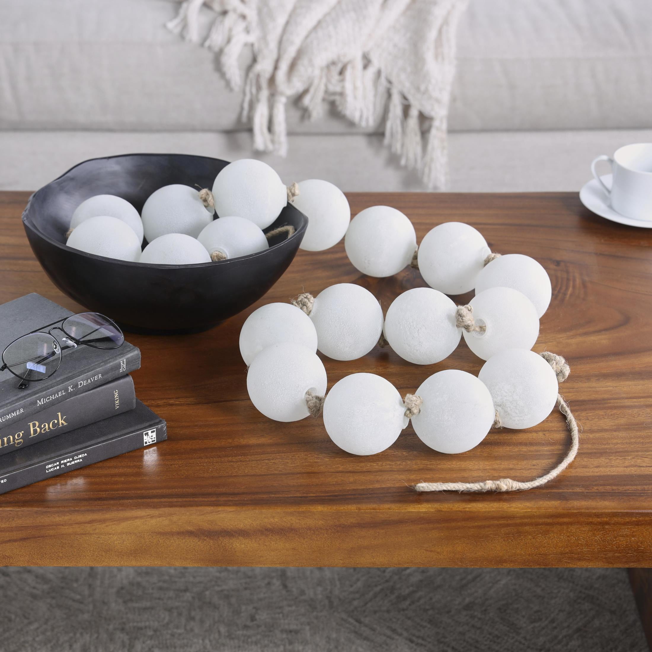 DecMode Handmade Round Extra Long Frosted Orb White Glass Garland with Tassel with Knotted Jute Rope