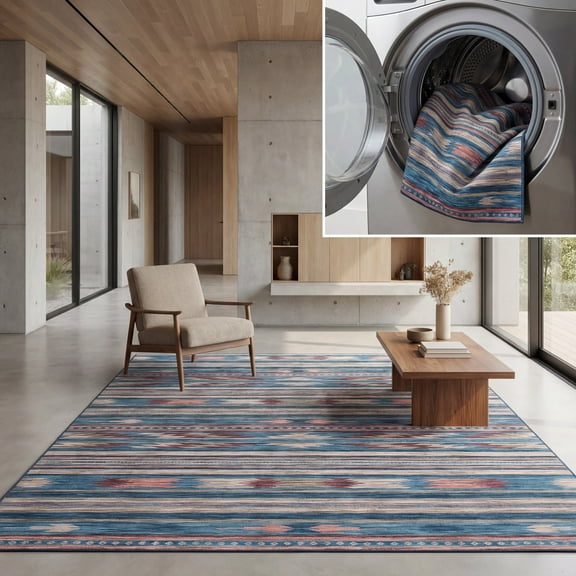 SAFAVIEH Arizona Aodhagan Aztec Machine Washable Area Rug, Blue/Rust, 8' x 10'