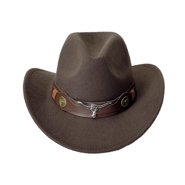 Sombrero vaquero unisex de fieltro marrón con cinturón de piel de toro