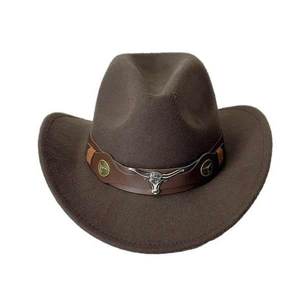 Sombrero vaquero unisex de fieltro marrón con cinturón de piel de toro