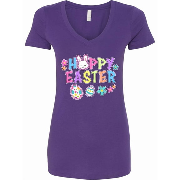 Inktastic Happy Easter with Bunny Face and Easter Eggs Women's V-Neck T-Shirt