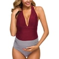 thumbnail image 3 of Maillots de Maternité une Pièce à Rayures, Maillot de Bain à Tour de Cou, Monokini à Col en V Profond, Taille Haute, Rouge (L, 3 of 8
