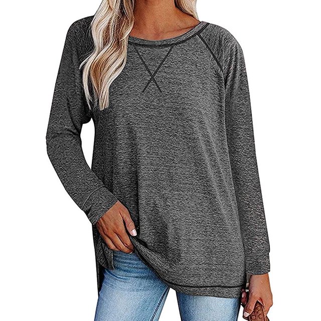 Chemises à Manches Longues pour Femmes Col Ras du Cou Raglan Casual Tunique en Coton en Vrac T-Shirt d'Automne