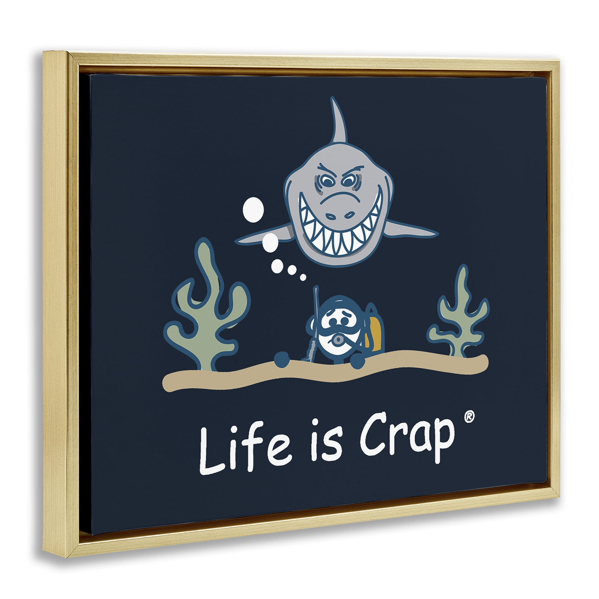 Stupell Industries Scary Scuba Shark Novelty & Humor Painting Gold Floater Framed Canvas Art Print Wall Art, 31 x 25