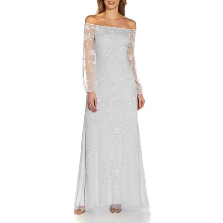 Adrianna Papell Off The Shoulder Long Sleeves Back Zipper Long Beaded Dress-IVORY BISCOTTI / 4