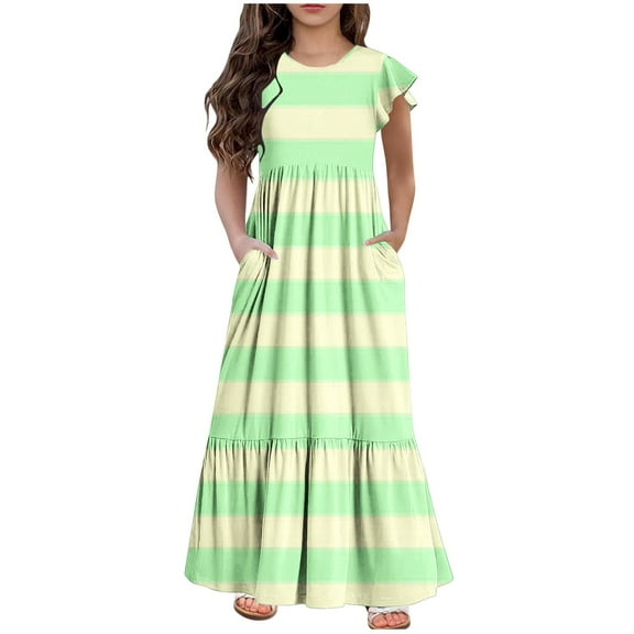 Jgppe Casual Dress for Girls with Pockets Summer Lightweight Flowy Short Sleeve Maxi Dress 6-13 Years