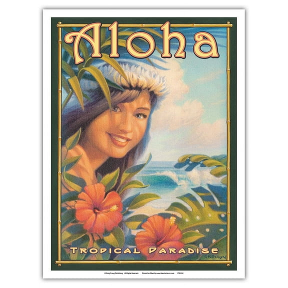 Aloha Tropical Paradise - Hula Girl - Vintage Hawaiian Travel Poster by Kerne Erickson - Master Art Print (Unframed) 9in x 12in