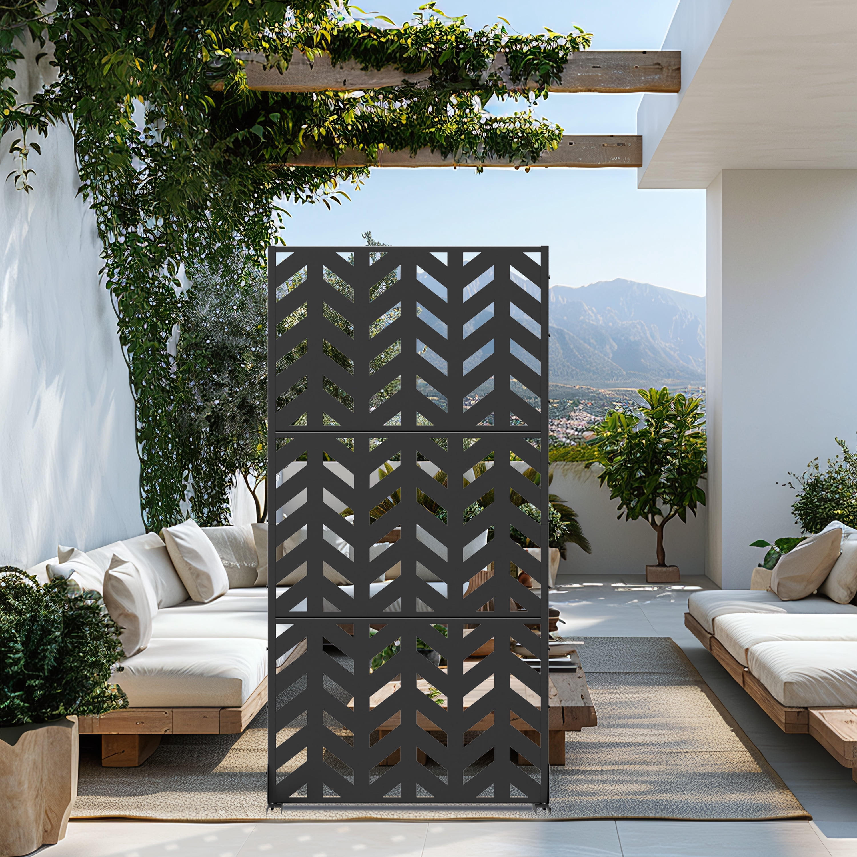 MAYEERTY 72×35" Outdoor Black Metal Privacy Panel Screen for Backyard & Garden, Fishbone Pattern
