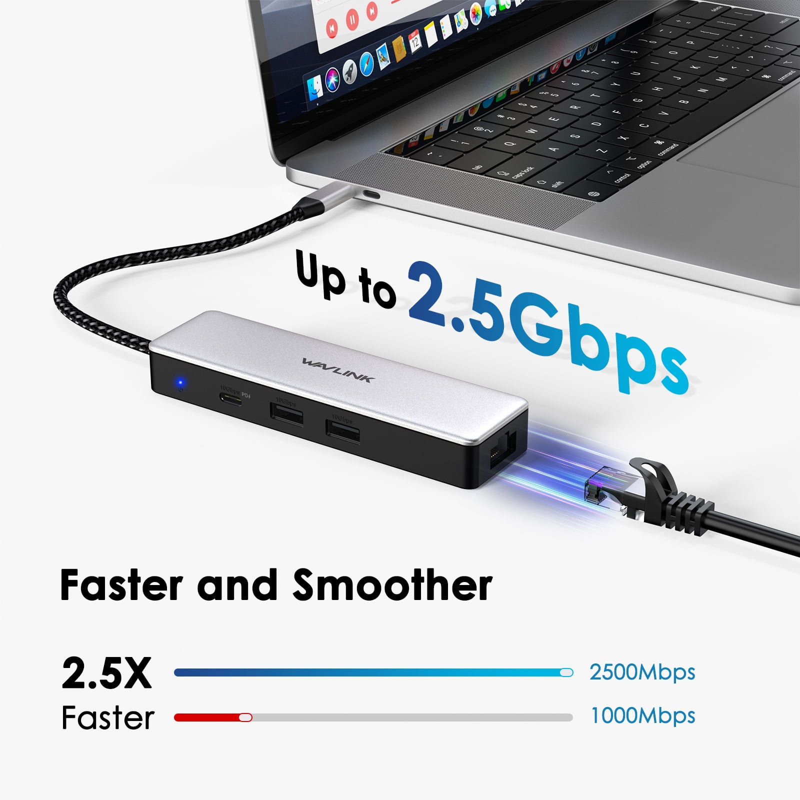 USB Hub, USB Adapter with 10G USB, 2.5G Ethernet, 100W charging for MacBook/HP/iPad/iPhone 15/15 Pro