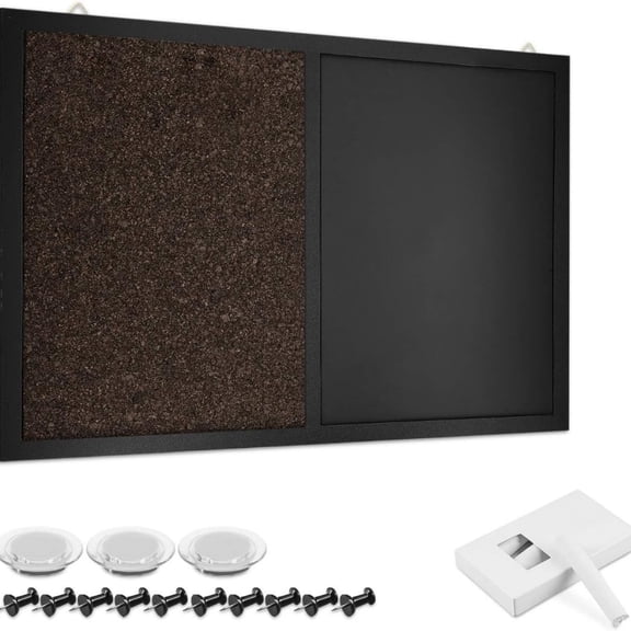 Combination Chalk and Cork Board - 16 x 24 in Magnetic Chalkboard Combo Framed Bulletin Board for Wall - Includes Chalk, Push Pins, Magnets