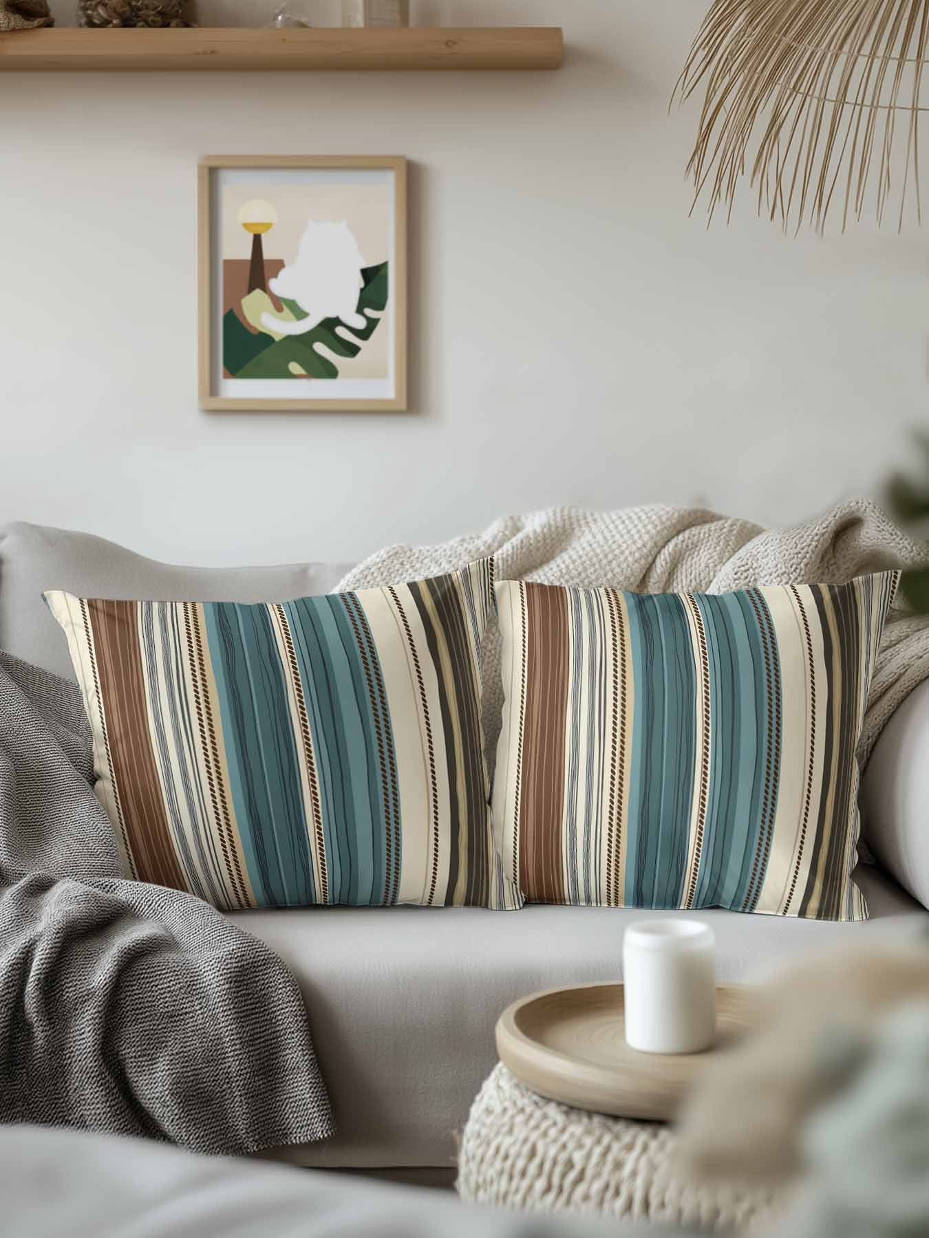Waterproof Outdoor Throw Pillows with Inserts 16"x16", Teal Boho Stripes Soft Decorative Pillowcases for Couch Bedroom, Modern Bohemia Brown Beige Texture Pillow Covers for Sofa Living Room