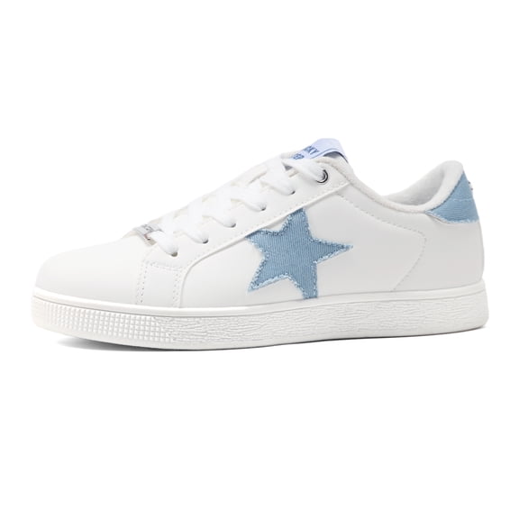 LUCKY STEP Stylish Star Low Top Lace Up Sneaker Comfort Walking Shoes,White/Denim Blue PU,Womens