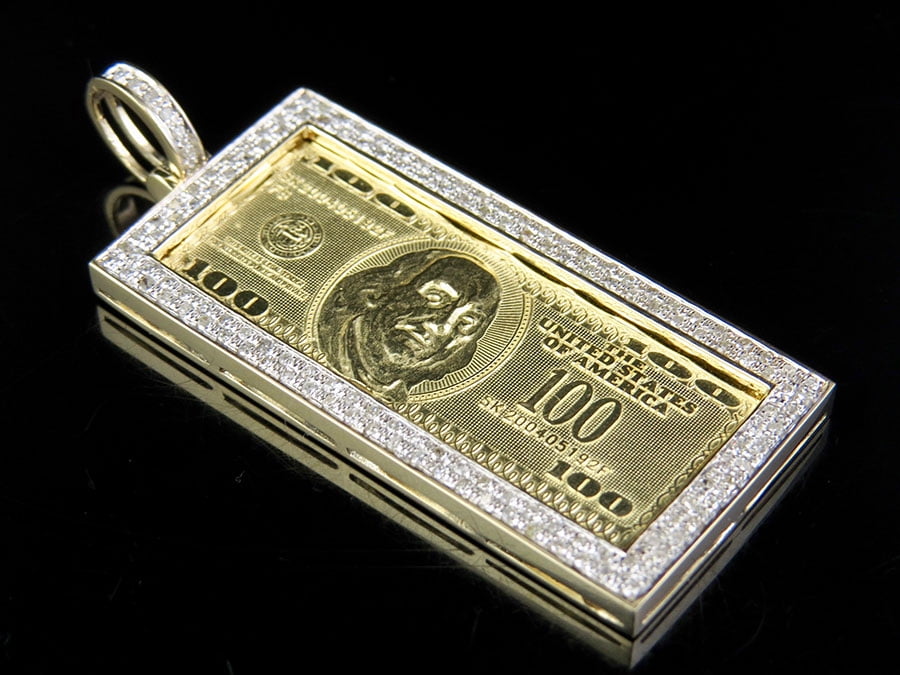 Jewelry Unlimited 10K Yellow Gold Dollar 100 Bill Currency Diamond Pendant Charm 6/10 CT 2.1