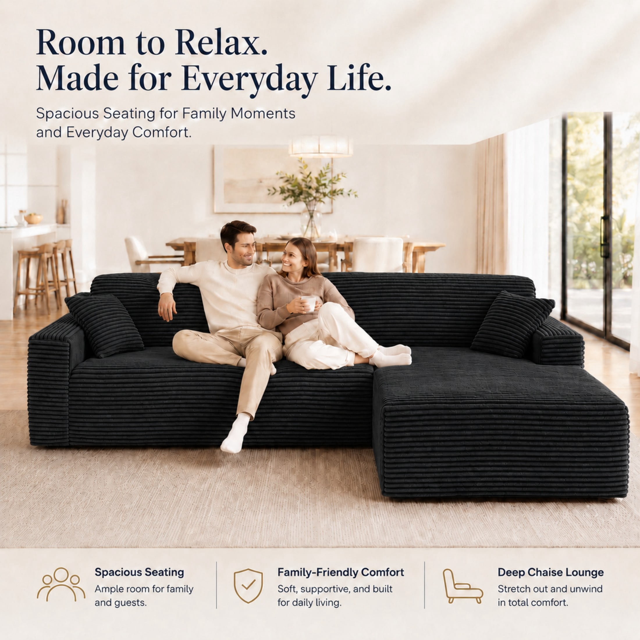 Aenkyo 106 Inch Corduroy L-Shaped Cloud Sectional Sofa with Reversible Chaise, Black