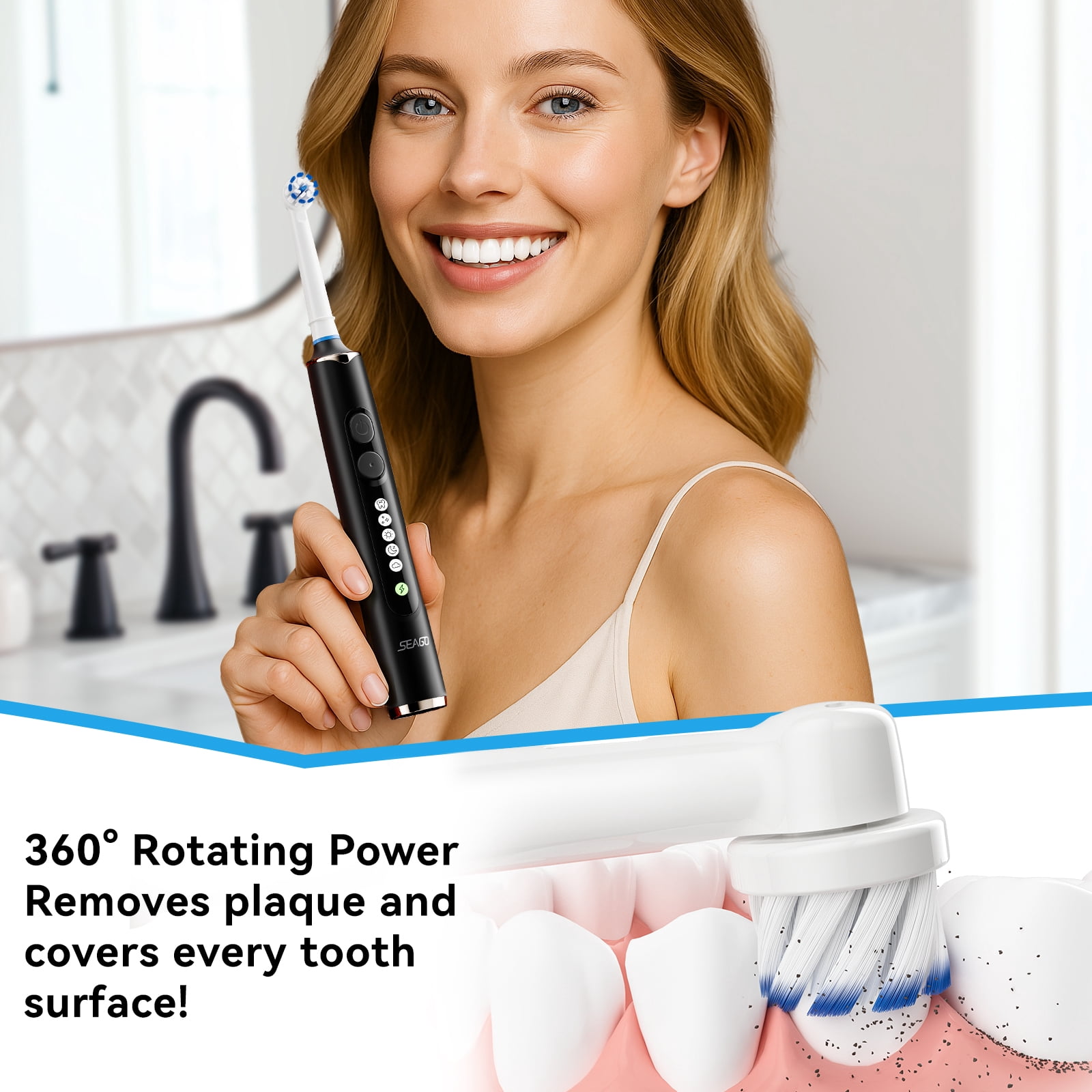 SEAGO Rotating Electric Toothbrush for adult, 8 Brush Heads, 5 Cleaning Modes, 2 Mins Timer, SG-2607(Black)