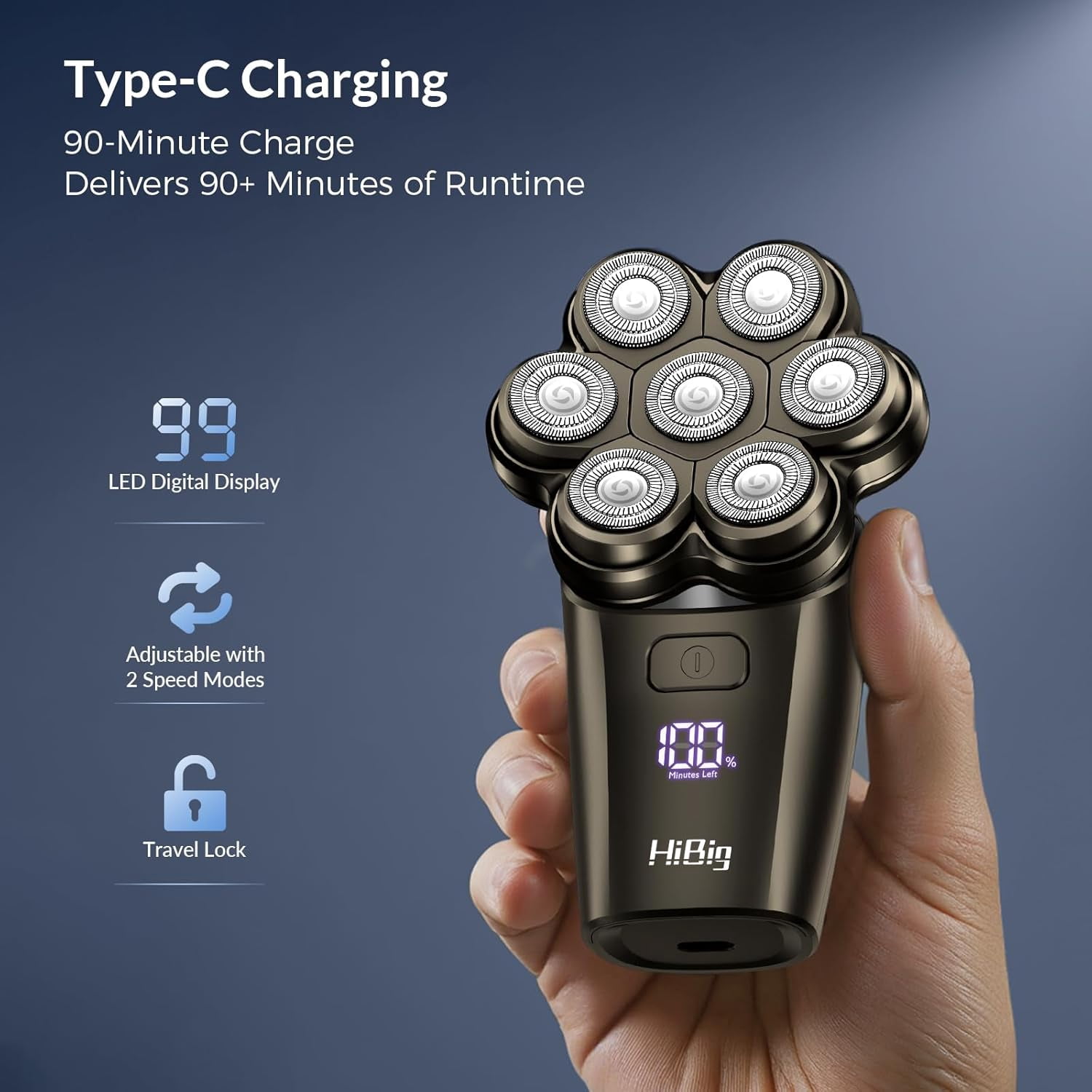 5-in-1 Electric Razor for Men, 7D Floating Head Shaver, IPX7 Waterproof Wet/Dry Body Grooming Trimmer, USB-C Rechargeable with LED Display, for Bald Head, Beard, Legs, Underarms, Dark Gray
