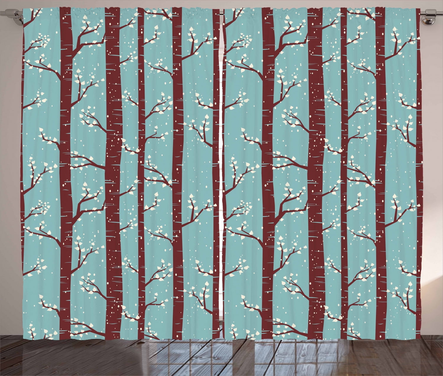 Forest Curtains 2 Panels Set, Silhouettes of Birch Trees with Foliage Leaves in Snowy Winter