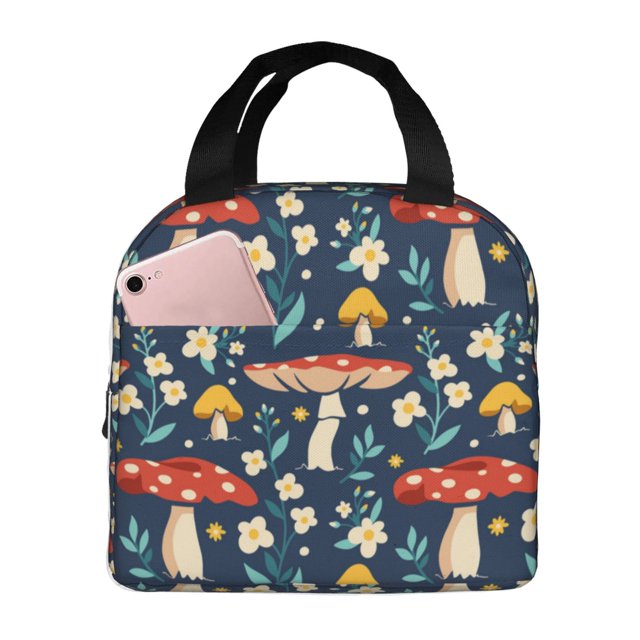 Fotbe Colorful Mushrooms Bolsa Térmica con Estampado y Forro de Aluminio Grueso Bolsa de Almuerzo con Bolsillo Frontal para Hombres y Mujeres, Ideal para Trabajo, Escuela