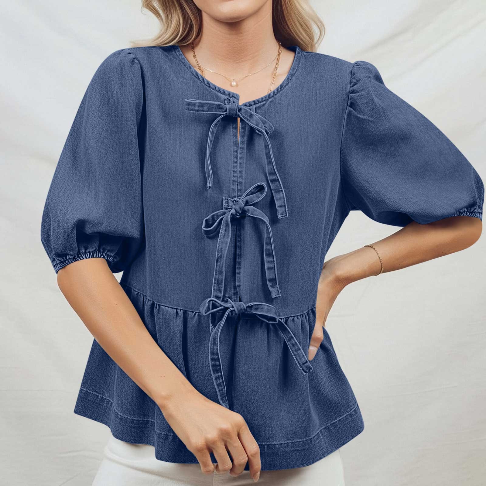 Womens Tops Under $10, Womens Denim Tie Front Tops Babydoll Peplum Puff Sleeve Jean Shirts Crew Neck Summer Casual Bow Blouses