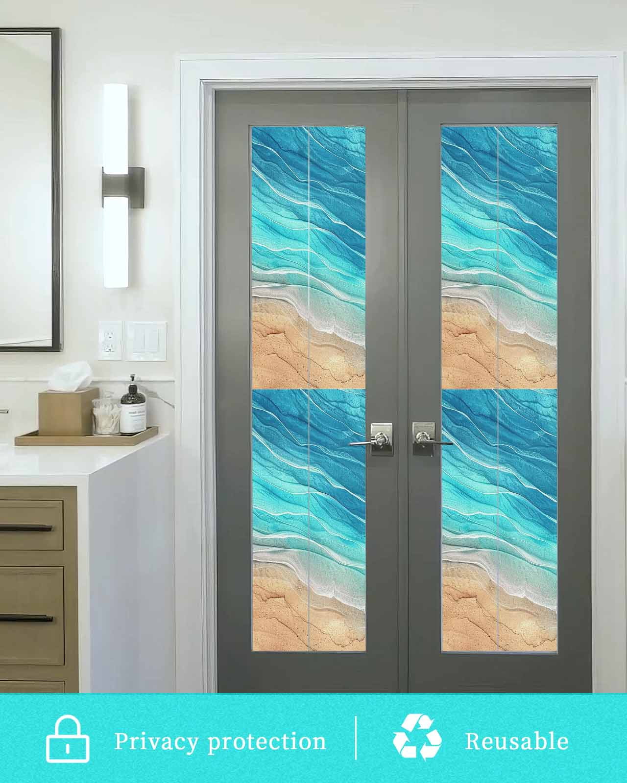 Window Privacy Film, Turquoise Ocean Ombre UV Sun Blocking Window Tint Film Heat Control One Way Blackout Window Film, Spring Summer Coastal Sea Wave Non Adhesive Static Cling Sticker 23.6x78.7 In