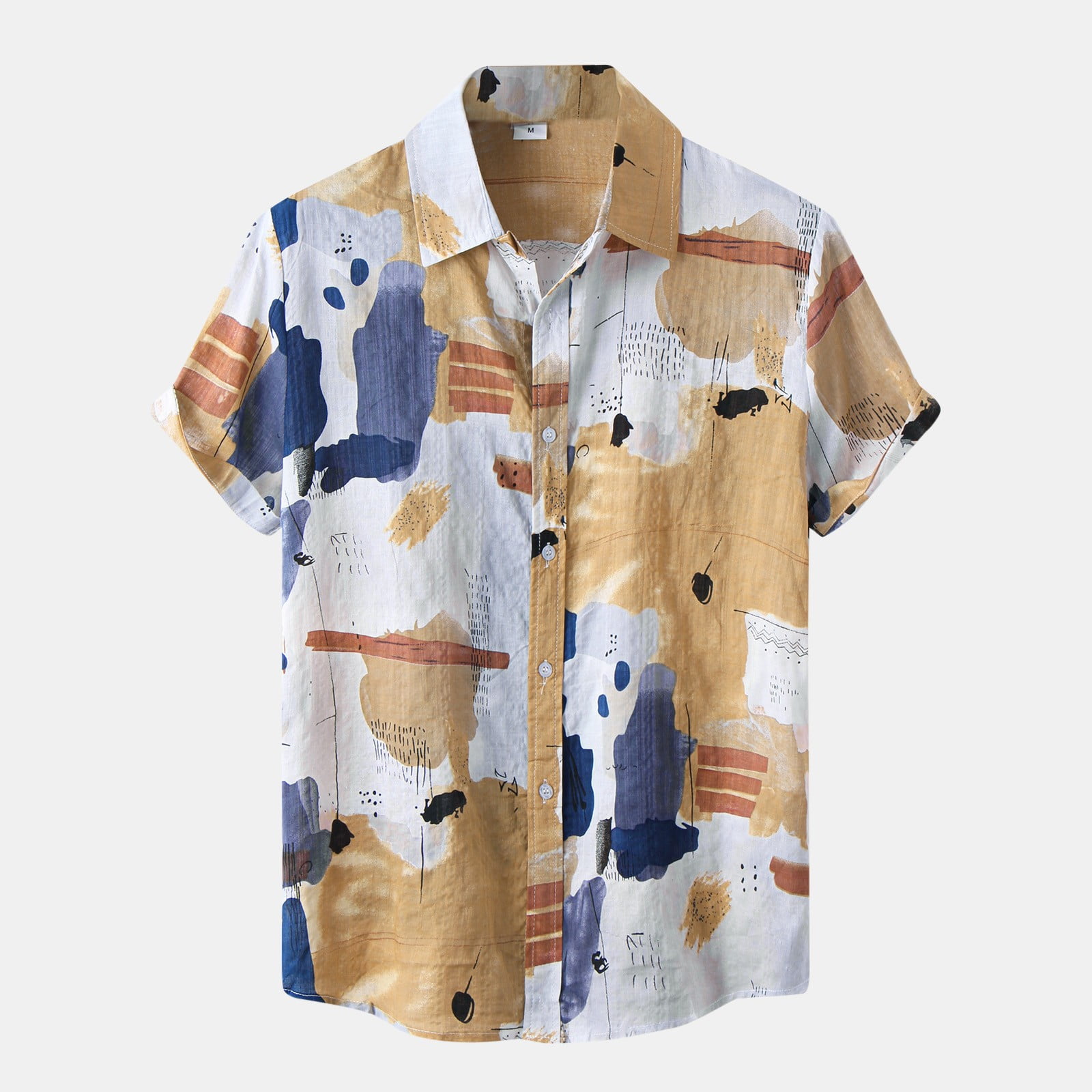 MRULIC mens shirts Shirt Watercolor Print Casual Sleeve Button Turn ...