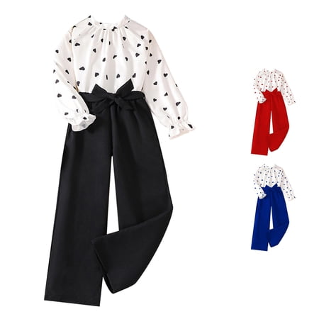 ZXLBBD Girls Fall Children Elegant Ruched Love Printed Long Sleeve Blouse and High Waist Wide Leg Trousers Casual Outdoor Clothing Sets White Size 7 Y-8 Y