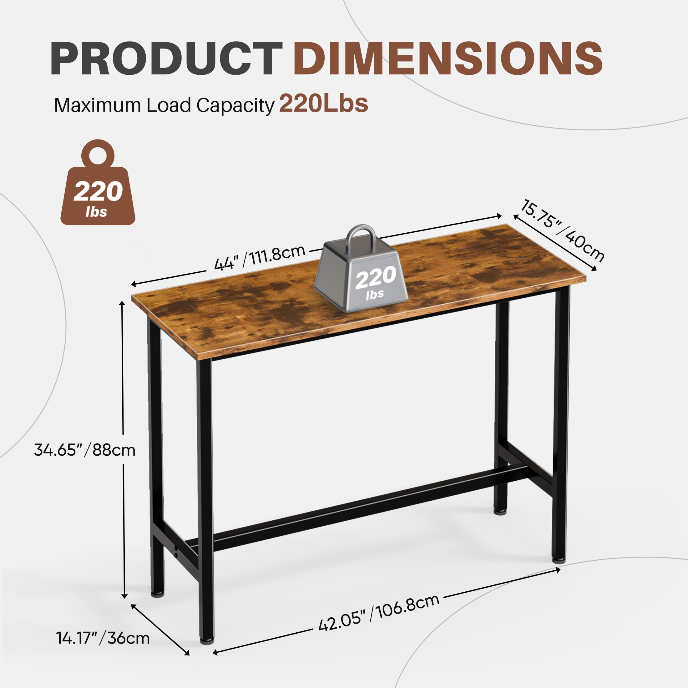EDX 44 Inch Bar Table, Bar Height Pub Table, Counter Height Bar Table, Rectangular High Top Coffee&Dining Table, for household, Rust