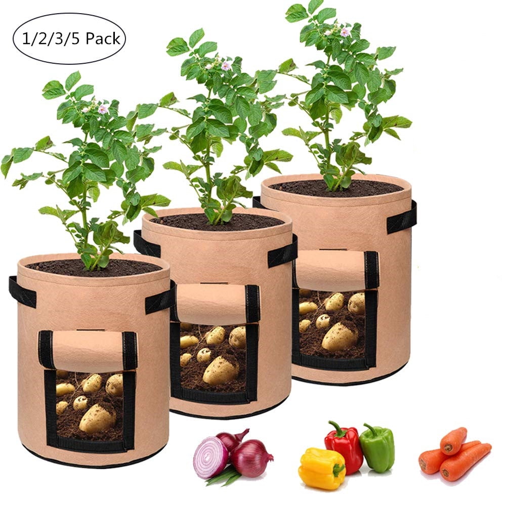 4 Pack BROTOU 10 Gallon Garden Plant Grow Bags Potato Vegetables Growing Bags Non-Degradable Reusable Pots with Handle and Access Flap 2 Pack 