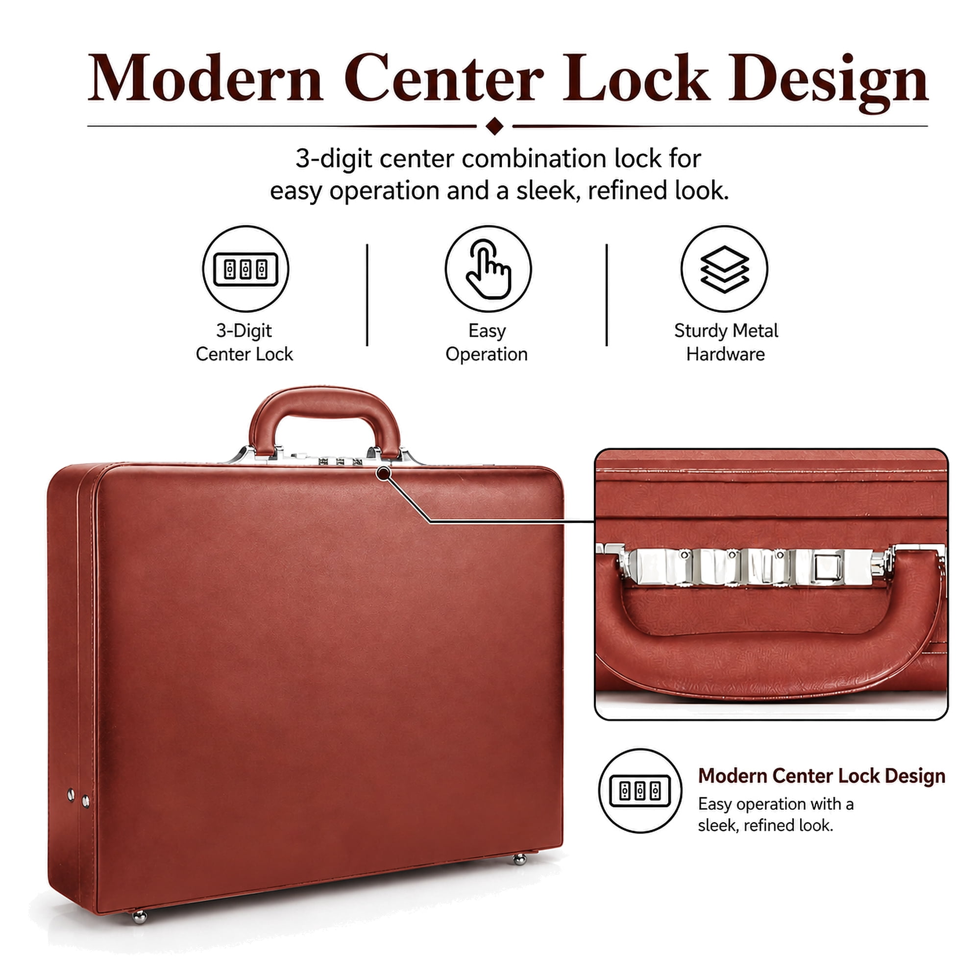 HAESTUS Briefcases for Men, Professional Leather Briefcase with Lock, Hard Shell Business Brief Case, Attache Case for 15.6" Laptop, Mens Hard Briefcase for Work Office Travel, Brown | Center Lock