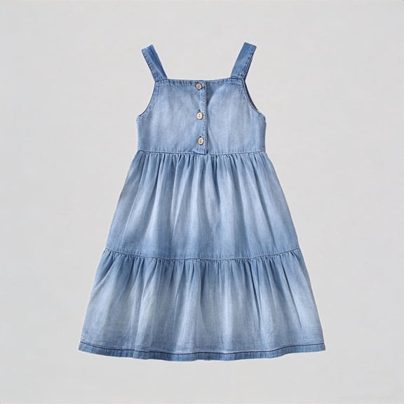 REDARER Toddler Girls' Light Wash Denim Sundress, Sleeveless Tiered Ruffle Dress with Button Front, Casual Summer Beach & Party Princess Dress for Kids,12-18 Months