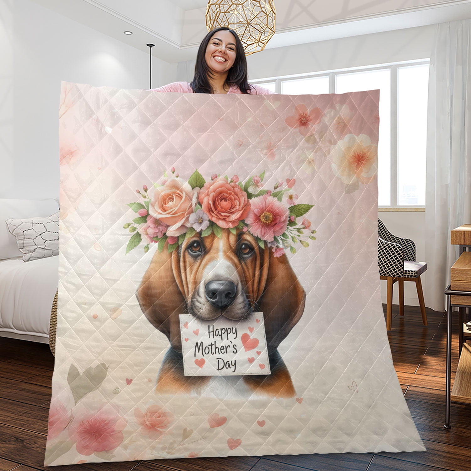 Happy Mother's Day Bloodhound with Flower Crown and Greeting Card Quilt Blanket Dog Lover Cozy Comforter Throw Blanket - 13004