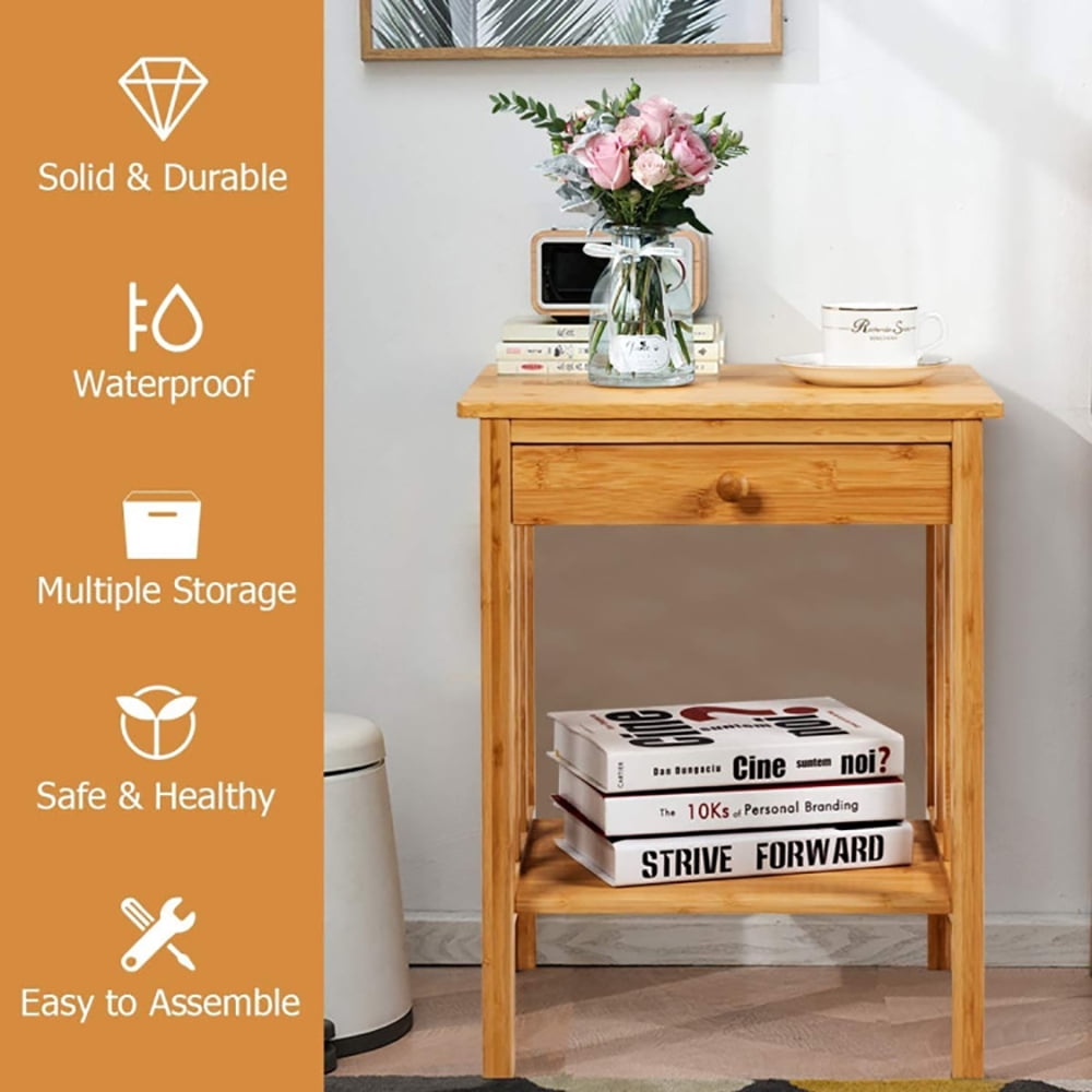 Finihen Bamboo End Table, Sofa Side Table, Bed Side Table, Multipurpose Bamboo End Table with Drawer and Storage Shelf, for Living Room, Bedroom, Natural Finihen Bamboo End Table, Sofa Side Table, Bed Side Table, Multipurpose Bamboo End Table with Drawer and Storage Shelf, for Living Room, Bedroom, Natural