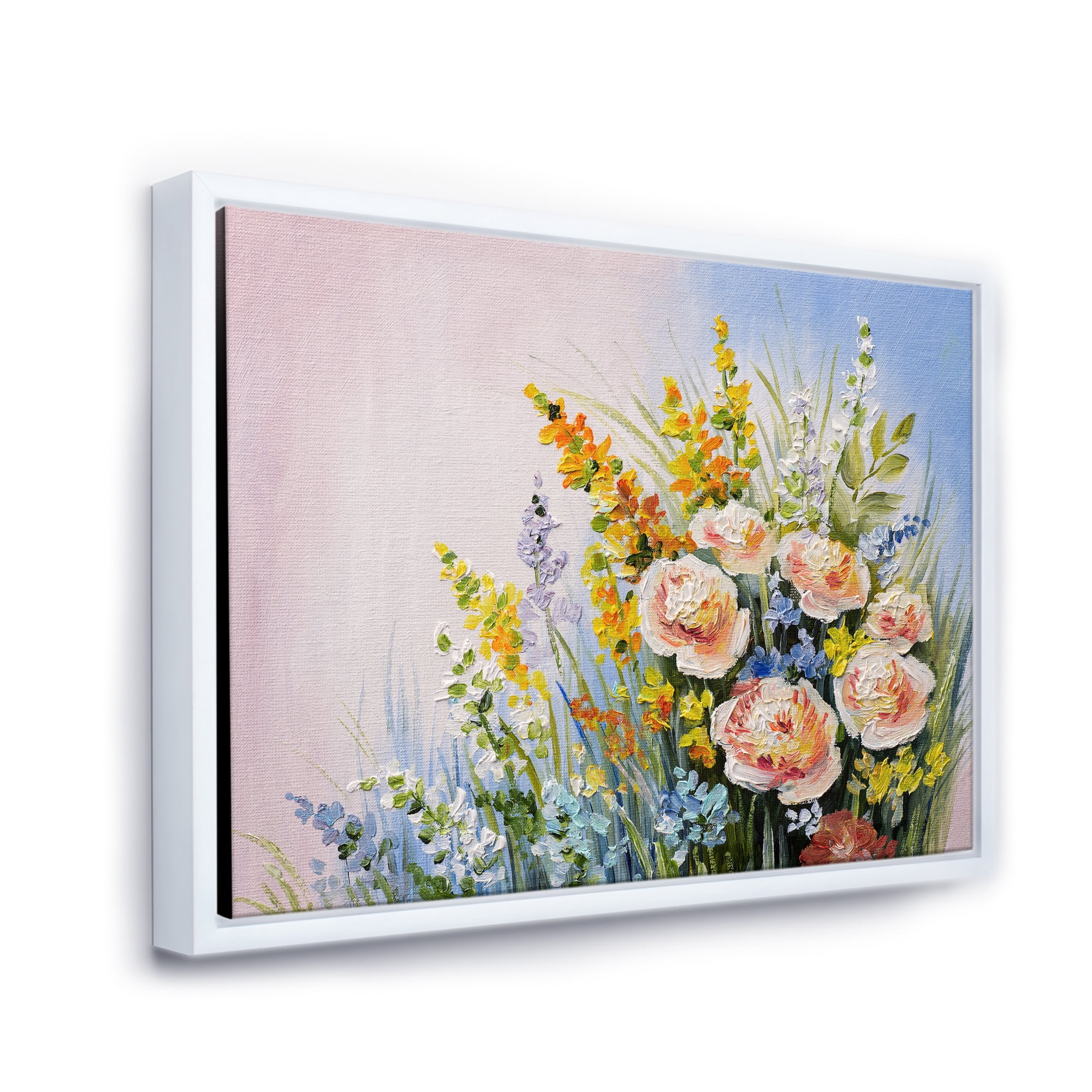 Yellow and Pink Summer Wildflowers 32 in x 16 in Framed Painting Canvas Art Print, by Designart