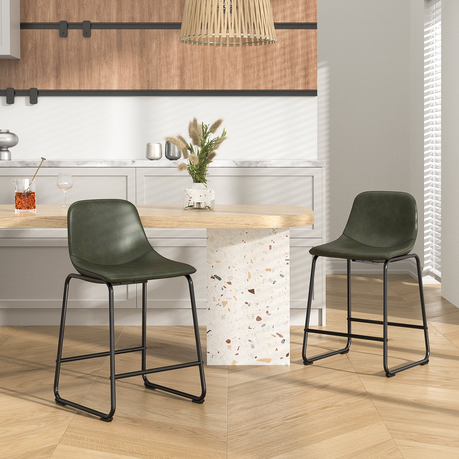 TAVR Furniture 24" Bar Stools Set of 3 with Back, Faux Leather for Home, Kitchen, Green