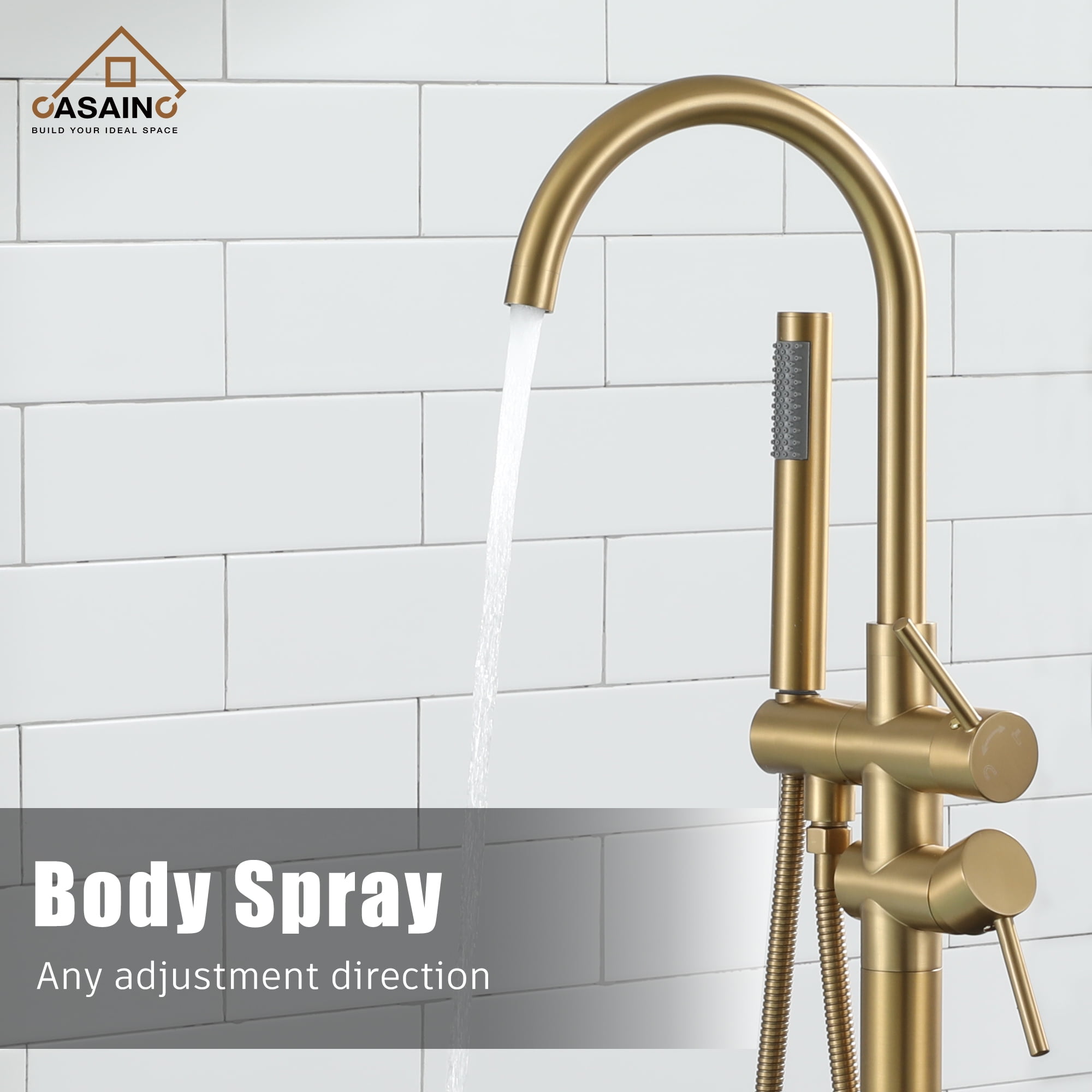 CASAINC Double-Handles Floor-Mount High Arch Tub Faucet High Flow Bathroom Tub Filler with Handshower in Brushed Brass