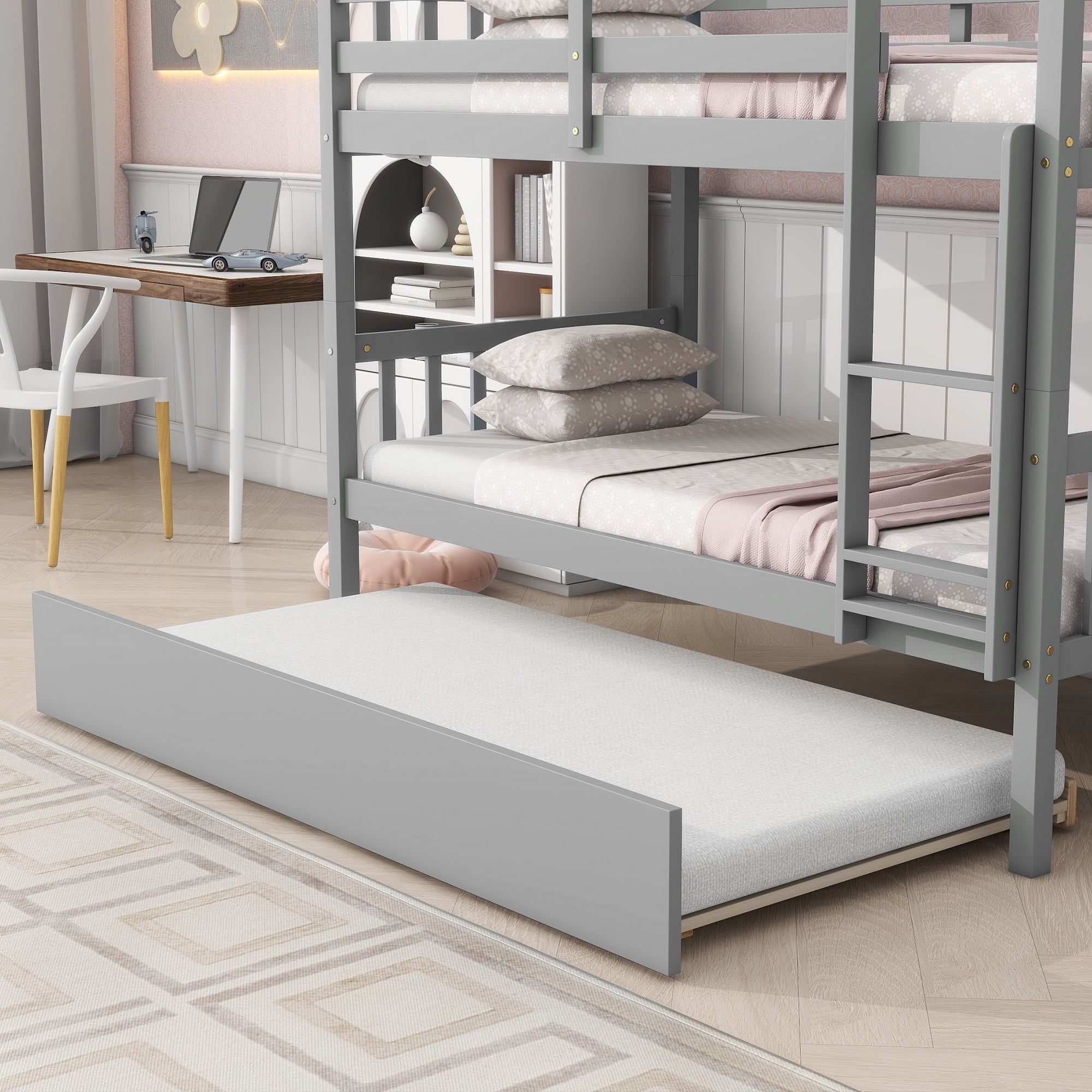 PORKISS Bunk Bed with Trundle, Twin Over Twin Bunk Bed Frame Can Convertible 2 Platform Bed, Wood Bunk Bed Built-in Ladder for Kids Teens Adults, Grey